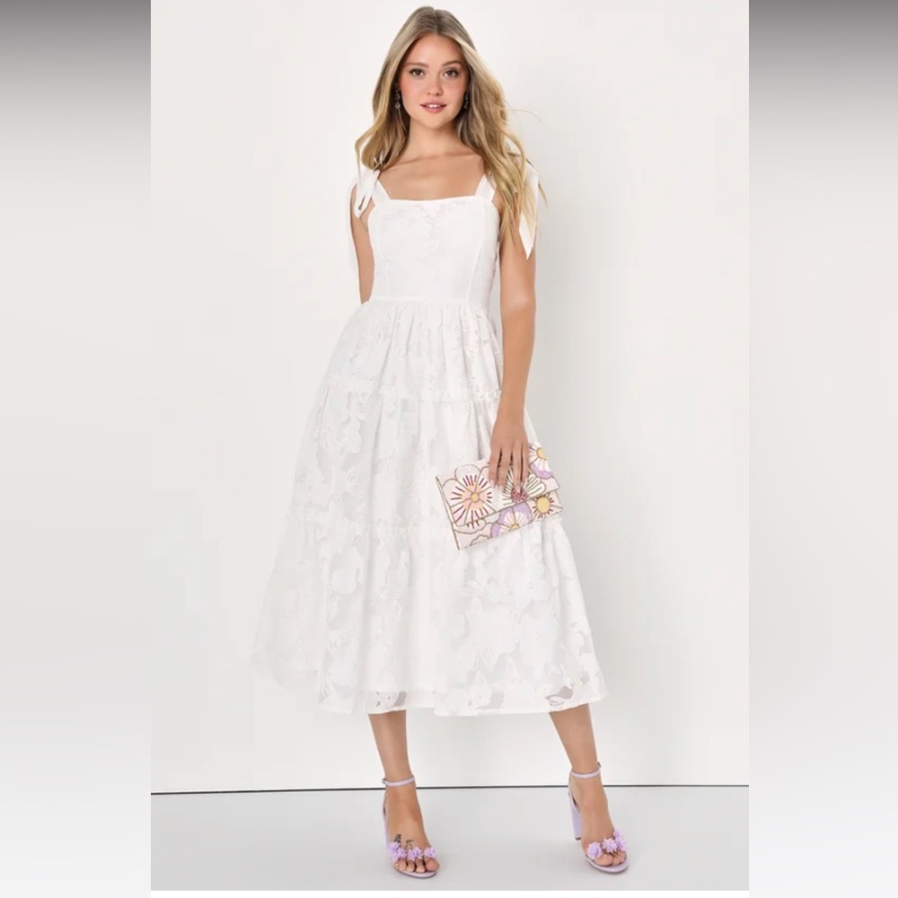 Lulu's White Tiered Midi Dress with Tie Straps
